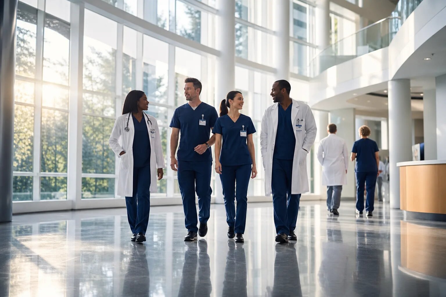 Healthcare professionals in a bright clinical atrium